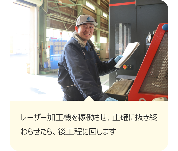レーザー加工機を稼働させ、正確に抜き終わらせたら、後工程に回します
