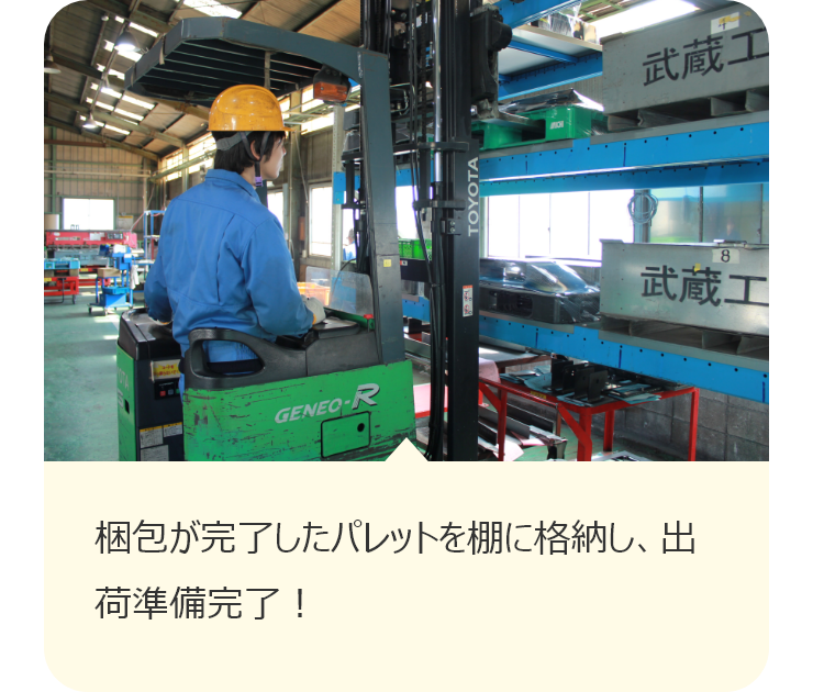 梱包が完了したパレットを棚に格納し、出荷準備完了！