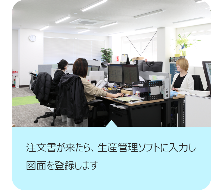 注文書が来たら、生産管理ソフトに入力し図面を登録します